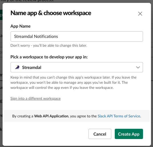 Create Slack App Name